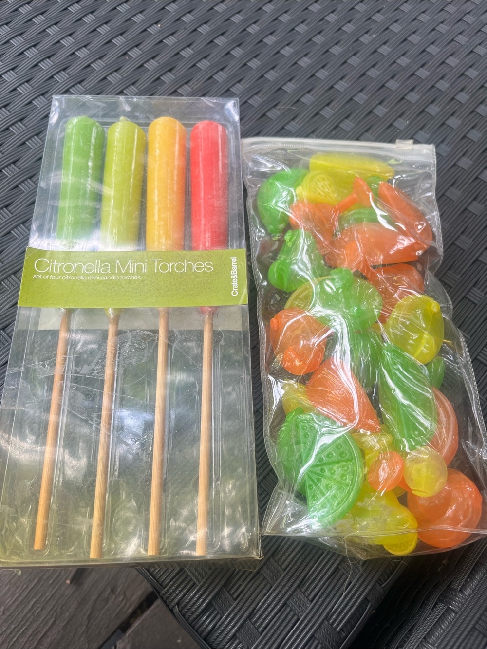 Crate&Barrel Citronella Mini Torches and Reusable tropical Cocktail ice cubes